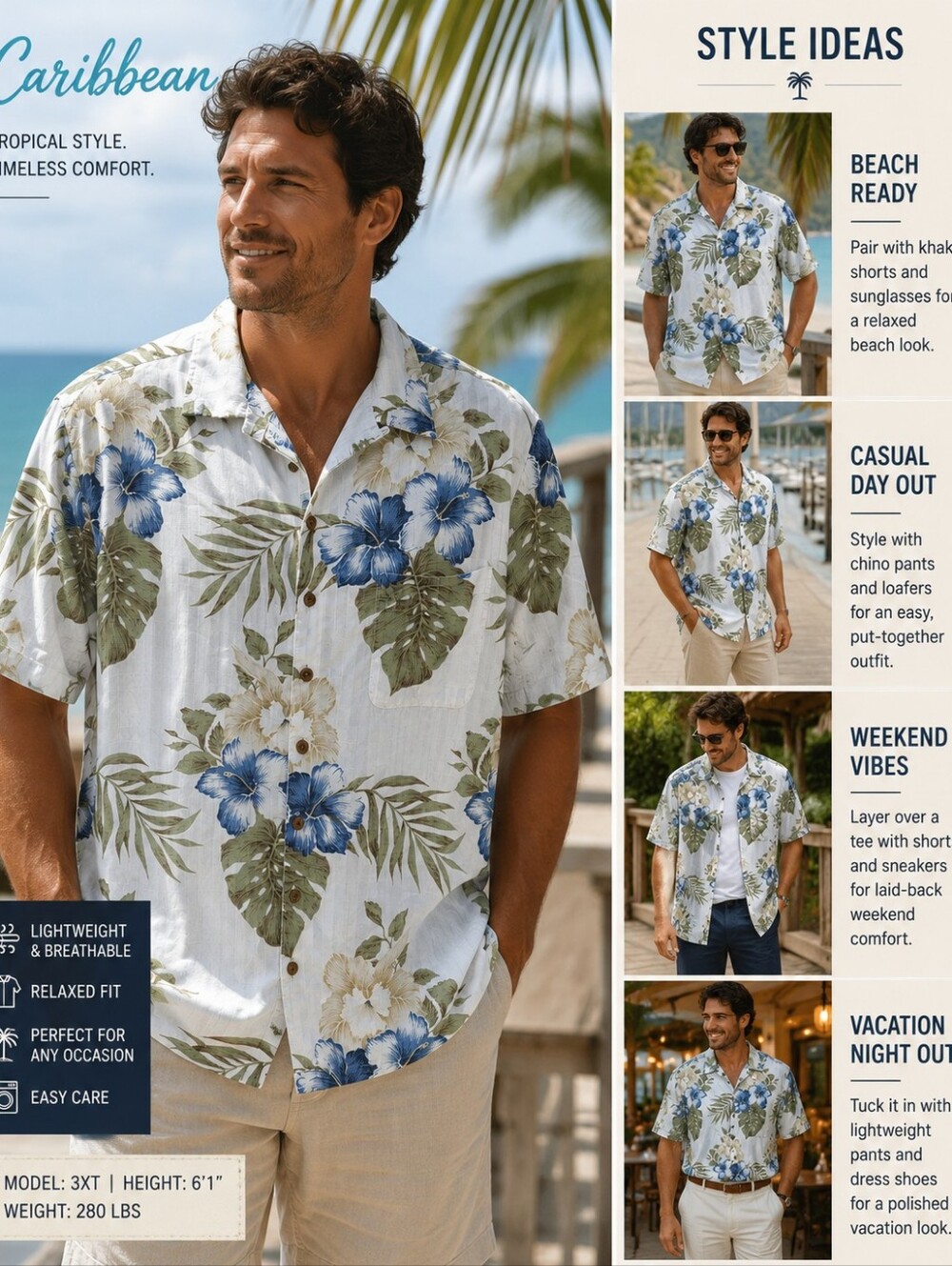 Caribbean Men's 3XT Blue Floral Hawaiian Camp Shirt Tropical Button Front